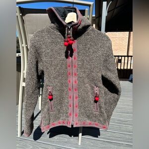 LAUNDROMAT Nepal Hooded Zip Front Fall Winter Jacket Sweater Fleece Brown S